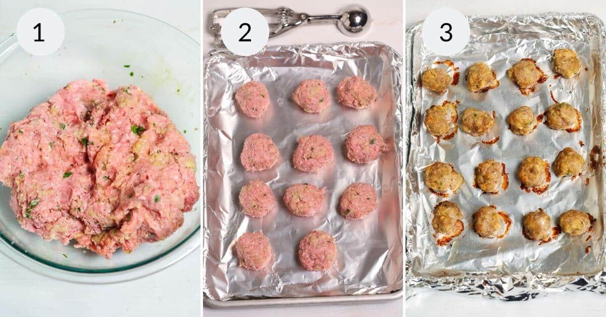 Follow this baked meatballs recipe in three simple steps: start with a raw meat mixture in a bowl, shape them into meatballs and place on a foil-lined tray, then bake to perfection until you have deliciously cooked meatballs ready to enjoy.