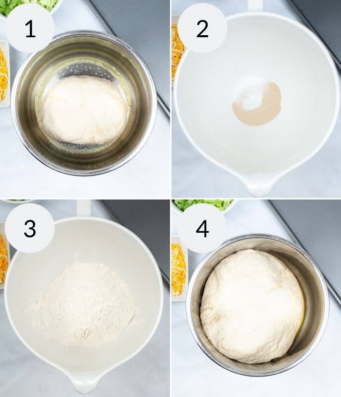 Four-step process of making dough for a Mexican pizza in a metal bowl: 1) dough ball in bowl, 2) adding dry yeast, 3) pouring flour, 4) risen