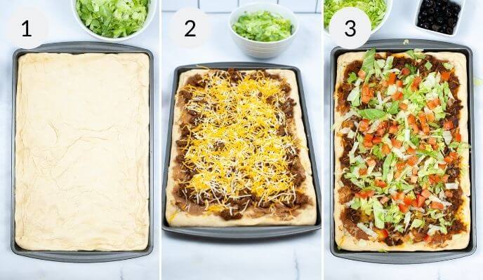 Three-step progression of making a taco pizza: 1) bare dough on a baking sheet, 2) dough topped with beans and cheese, using a Mexican pizza recipe, 3) finished pizza