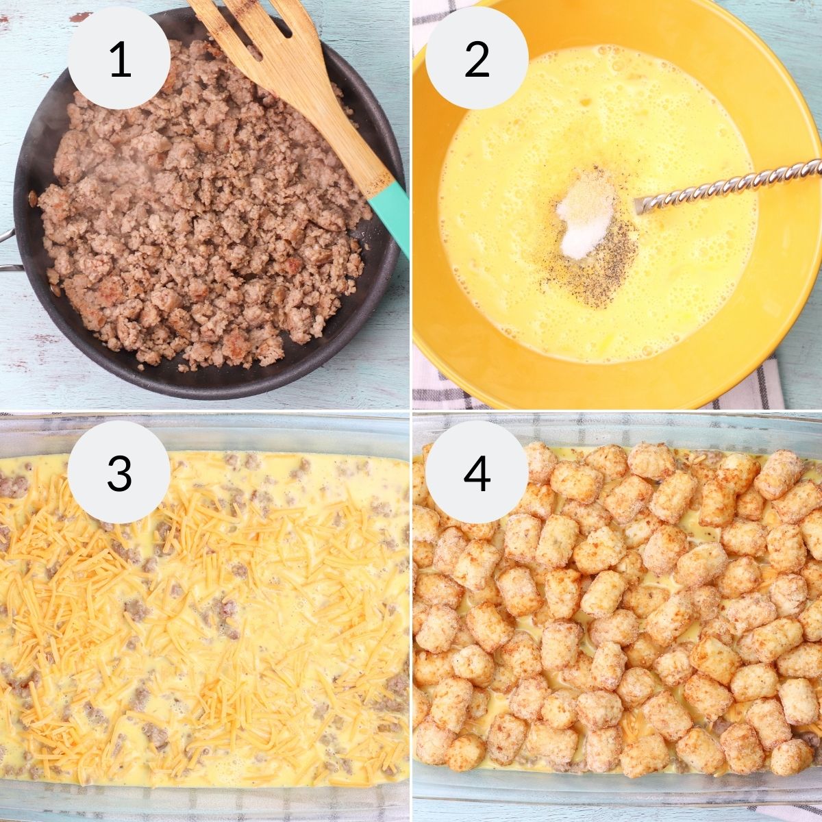 step by step process for making sausage tater tot breakfast casserole