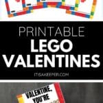 Printable LEGO Valentines feature a red heart made of bricks and the message "Valentine, you're awesome!" in colorful block letters.
