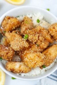 A top shot of the chinese lemon chicken.