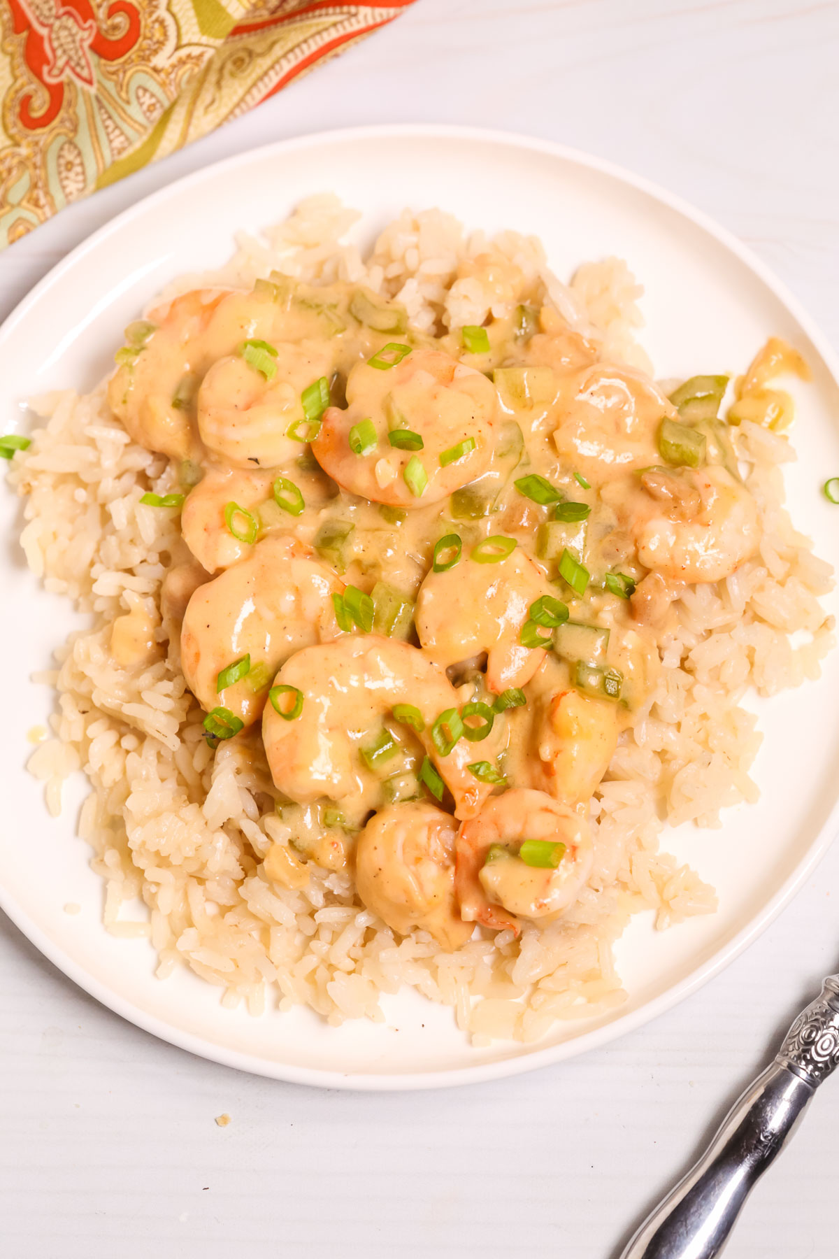 Close up on the Creamy Garlic Shrimp and Rice on a white dish.