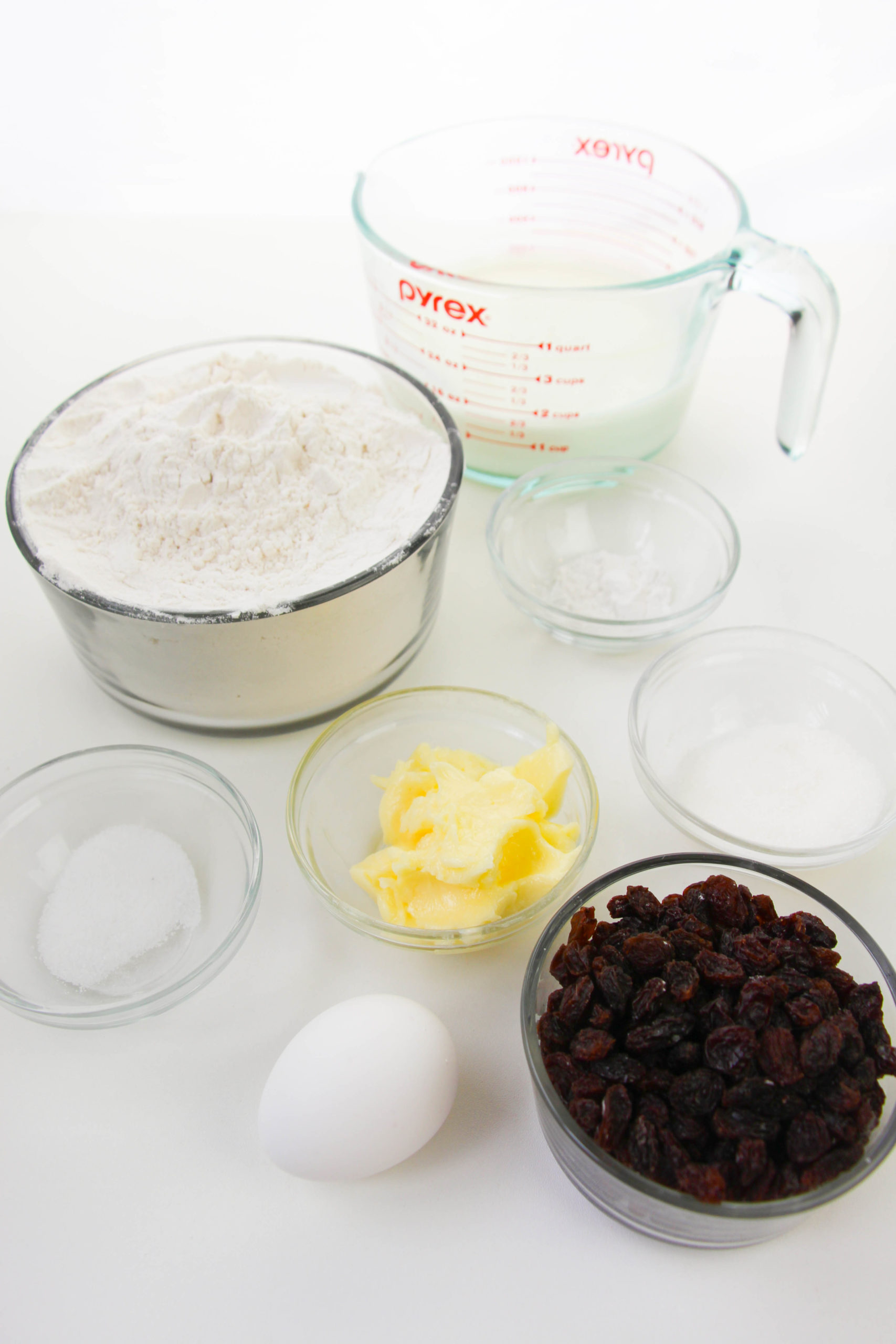 Flour, butteer, eggs, raisins and buttermilk.