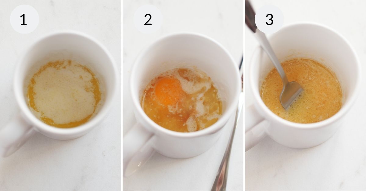 Placing the dry ingredients, than the wet into a mug.