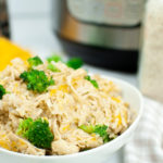 White bowl with Chicken and Broccoli Instant Pot Casserole.