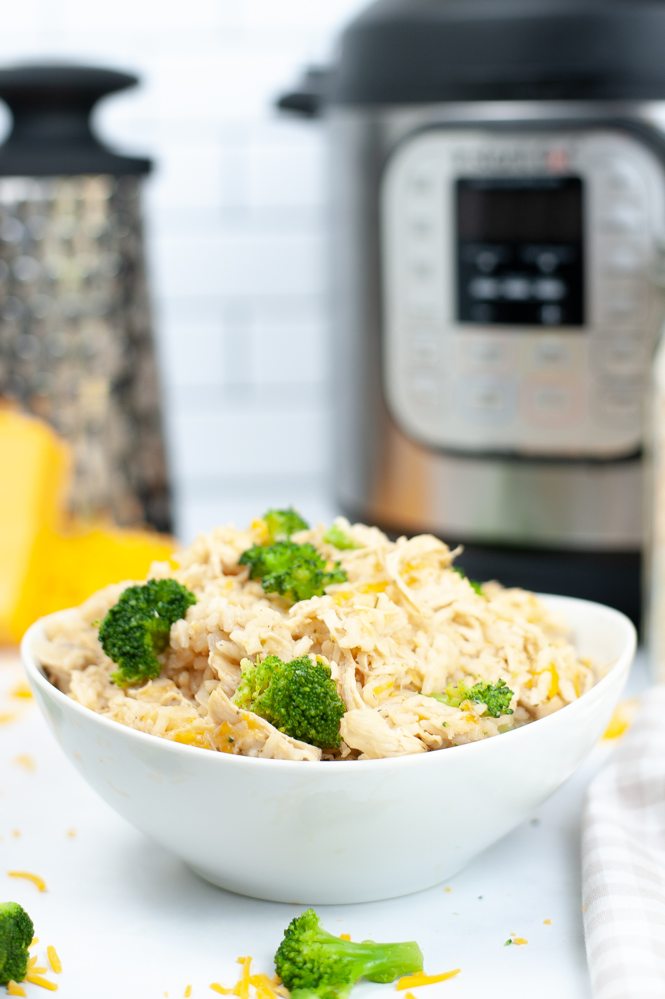 Chicken and Broccoli Casserole with Instant Pot in the background.