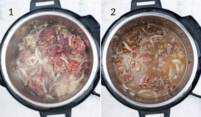 Two images of an Instant Pot French Dip. Image 1: Uncooked meat and onions inside the pot. Image 2: Cooked meat and onions in rich broth, ready for savory delight.