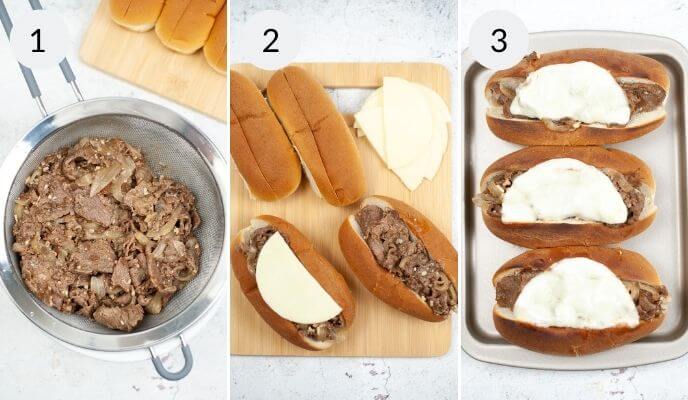 Three-panel image illustrating Philly cheesesteak sandwich steps: cooked meat strained from an Instant Pot, assembling with cheese on buns like a French Dip, and finished sandwiches with melted cheese on a tray.