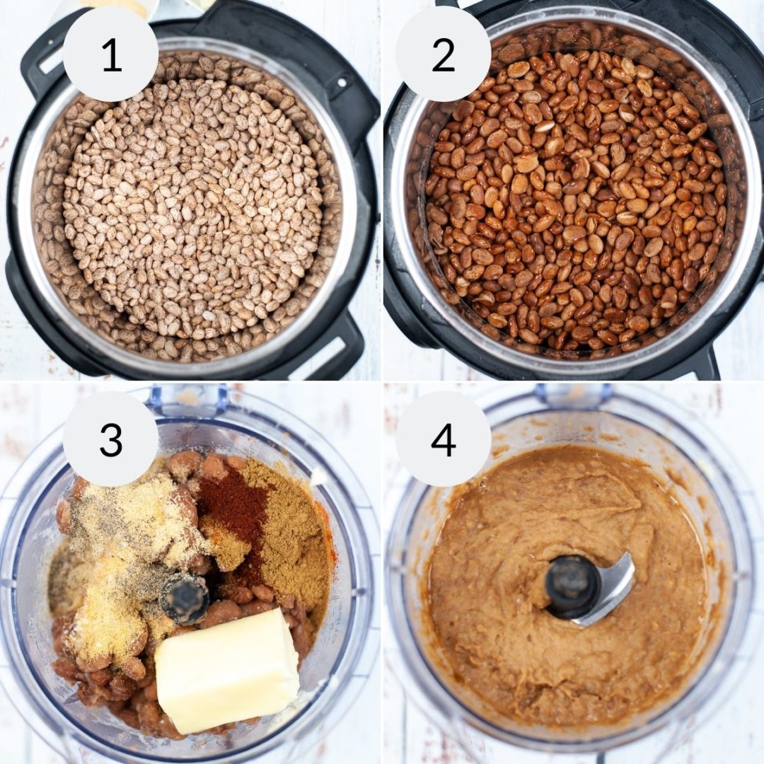 Beans before and after cooing in the instant pot and after processing in the food processor.