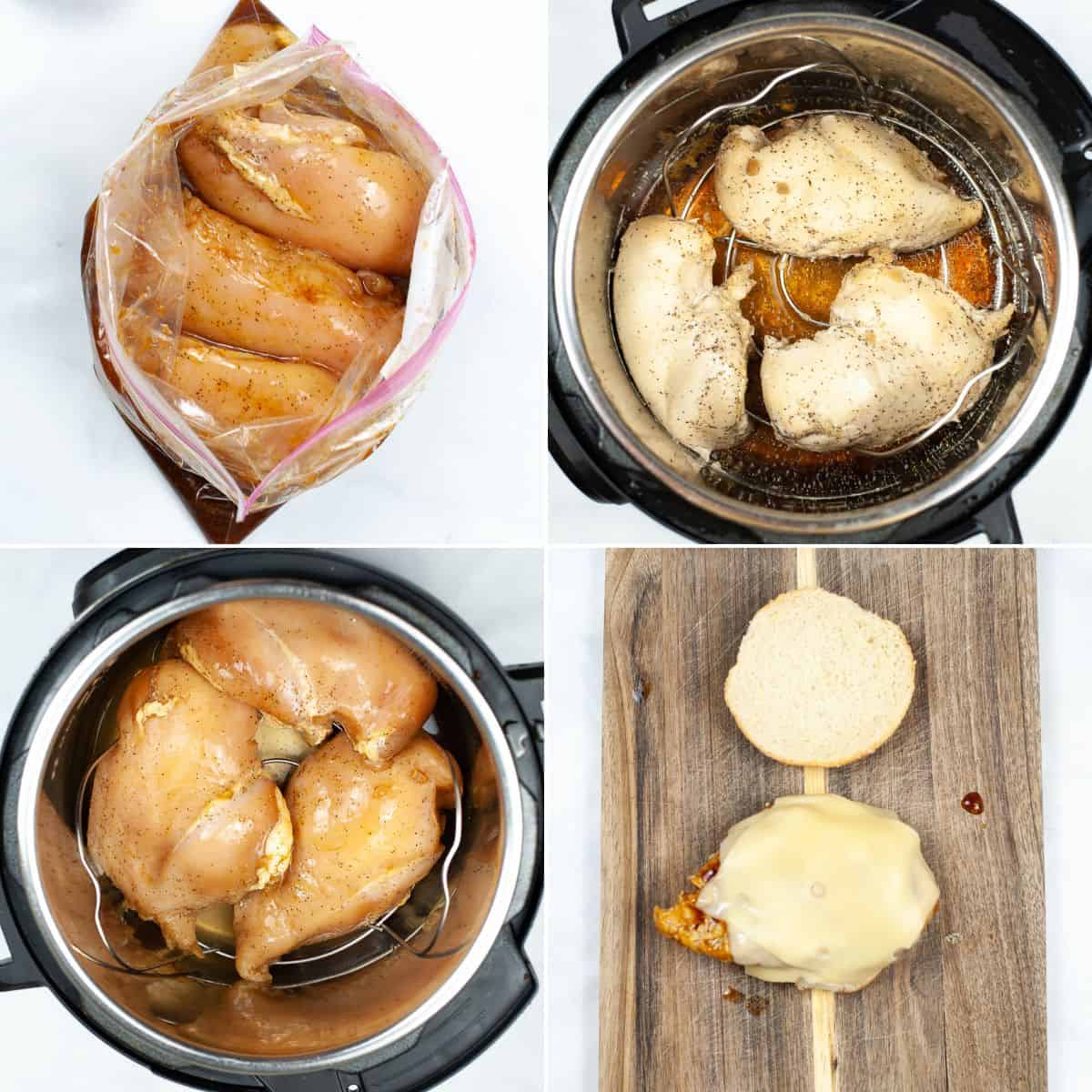 Four images show chicken breasts marinating in a bag, cooking as Instant Pot Teriyaki Chicken, finished cooked chicken, and a melty Instant Pot Teriyaki Chicken Sandwich on a wooden board.