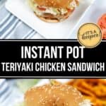 Enjoy an Instant Pot Teriyaki Chicken Sandwich with lettuce, tomato, and melted cheese on a sesame bun, served alongside crispy sweet potato fries.