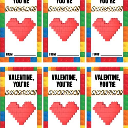 Six colorful LEGO Valentines cards with a LEGO brick border, featuring a red LEGO heart and the text "Valentine, you’re awesome!" plus space for "From:" at the bottom.