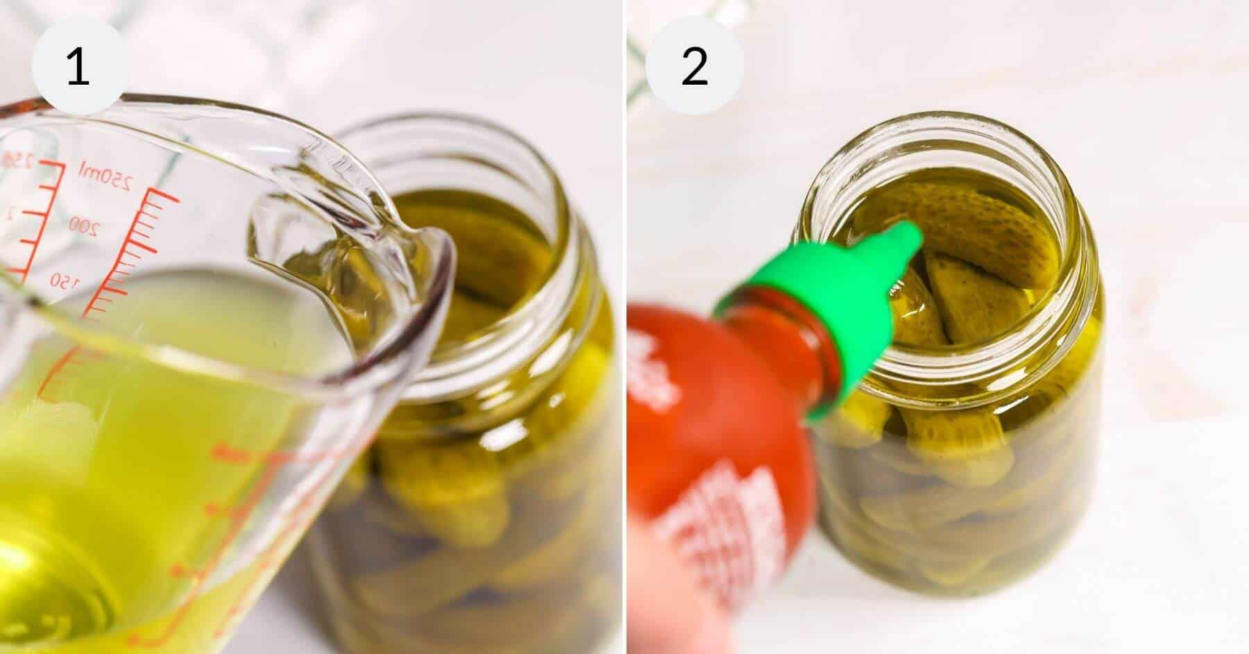 Adding the moonshine and hot sauce to the pickles.