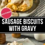 A plate of Southern-style sausage biscuits topped with rich gravy sits on a striped cloth, with another biscuit and a cup in the background.