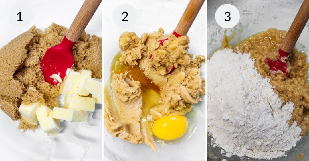 Snickers Cookies mixing the ingredients of flour and sugar to make batter.