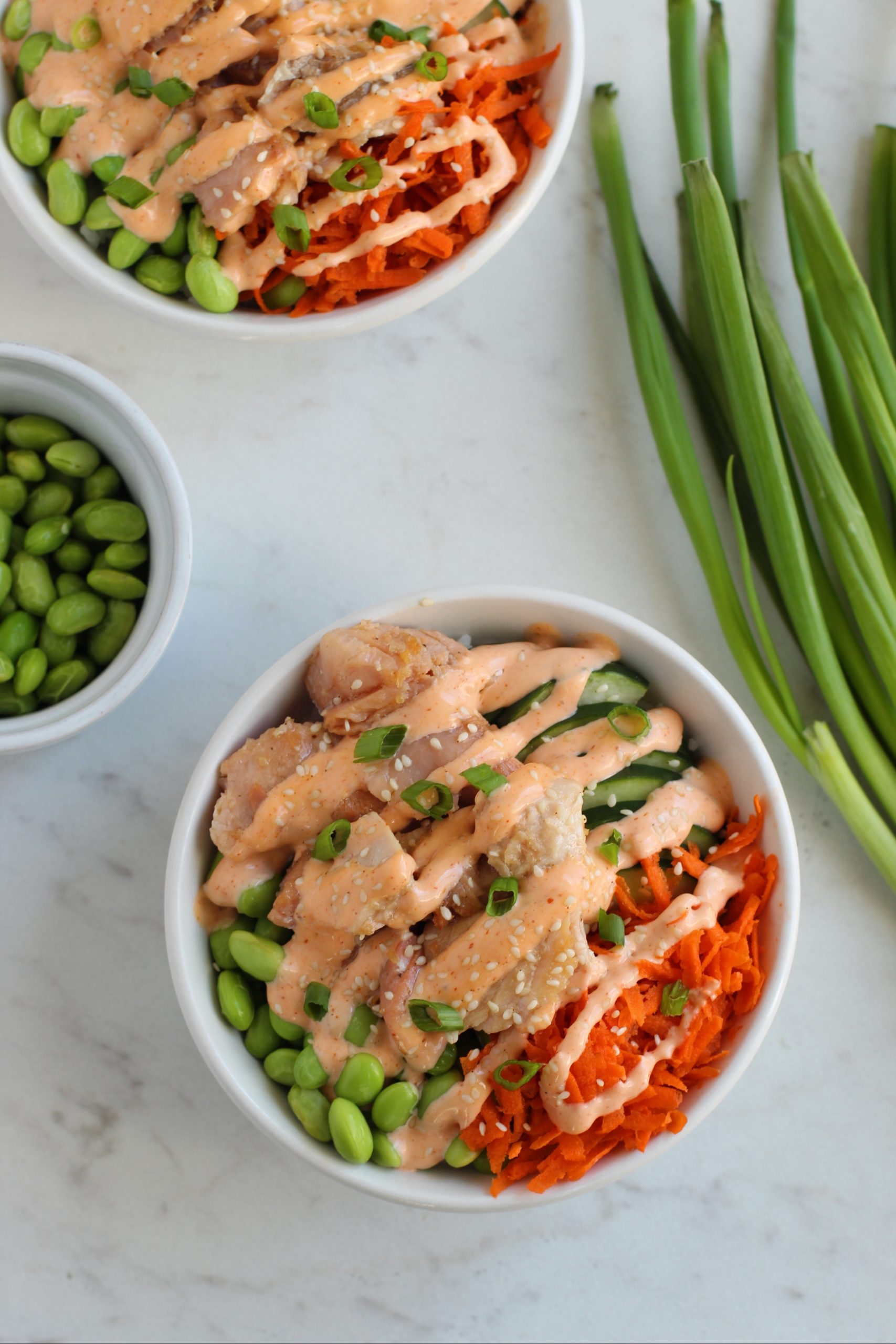 two bowls of teriyaki salmon bowls with scallions on the side.