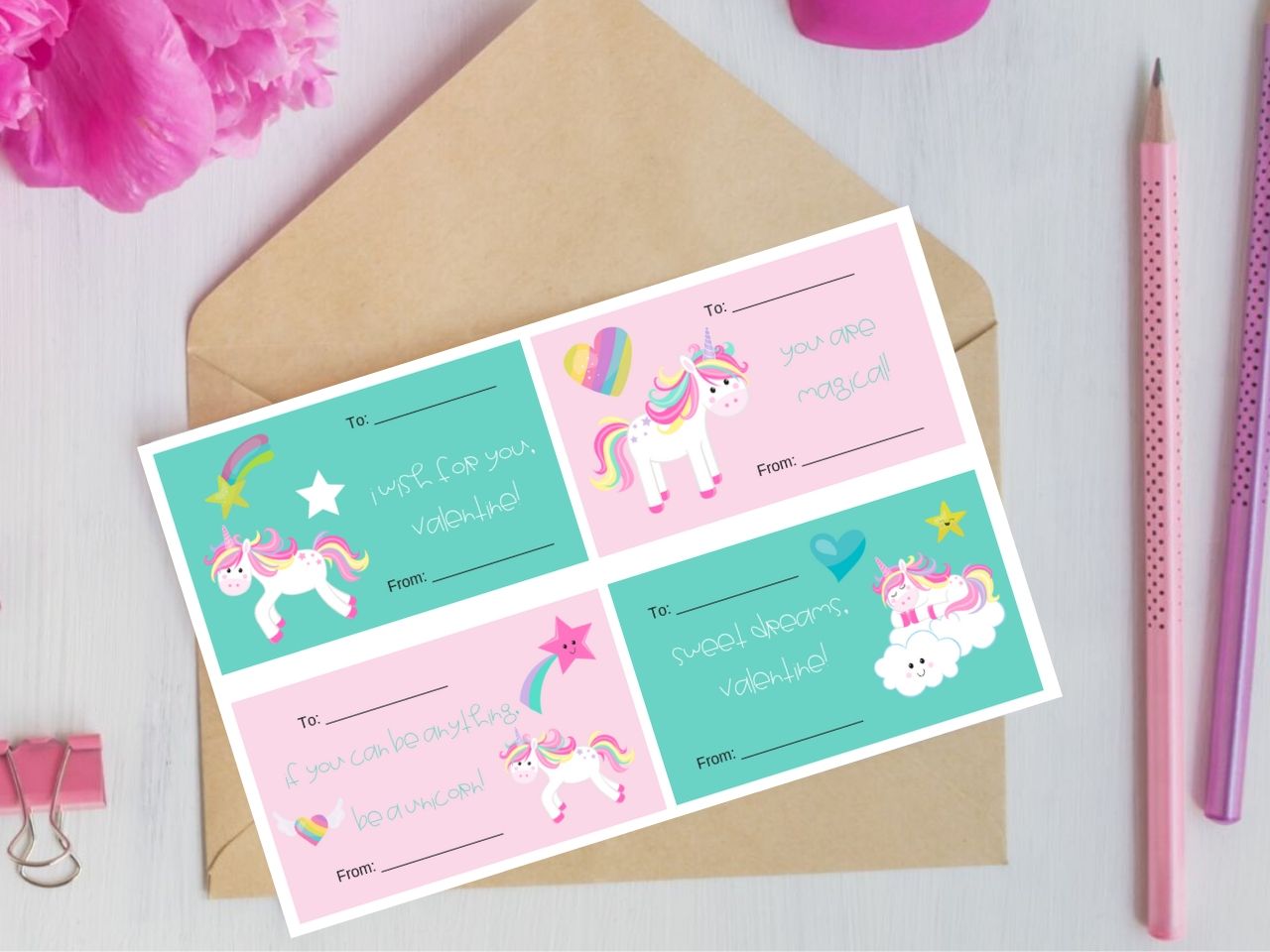 Unicorn Valentines cards with envelope.