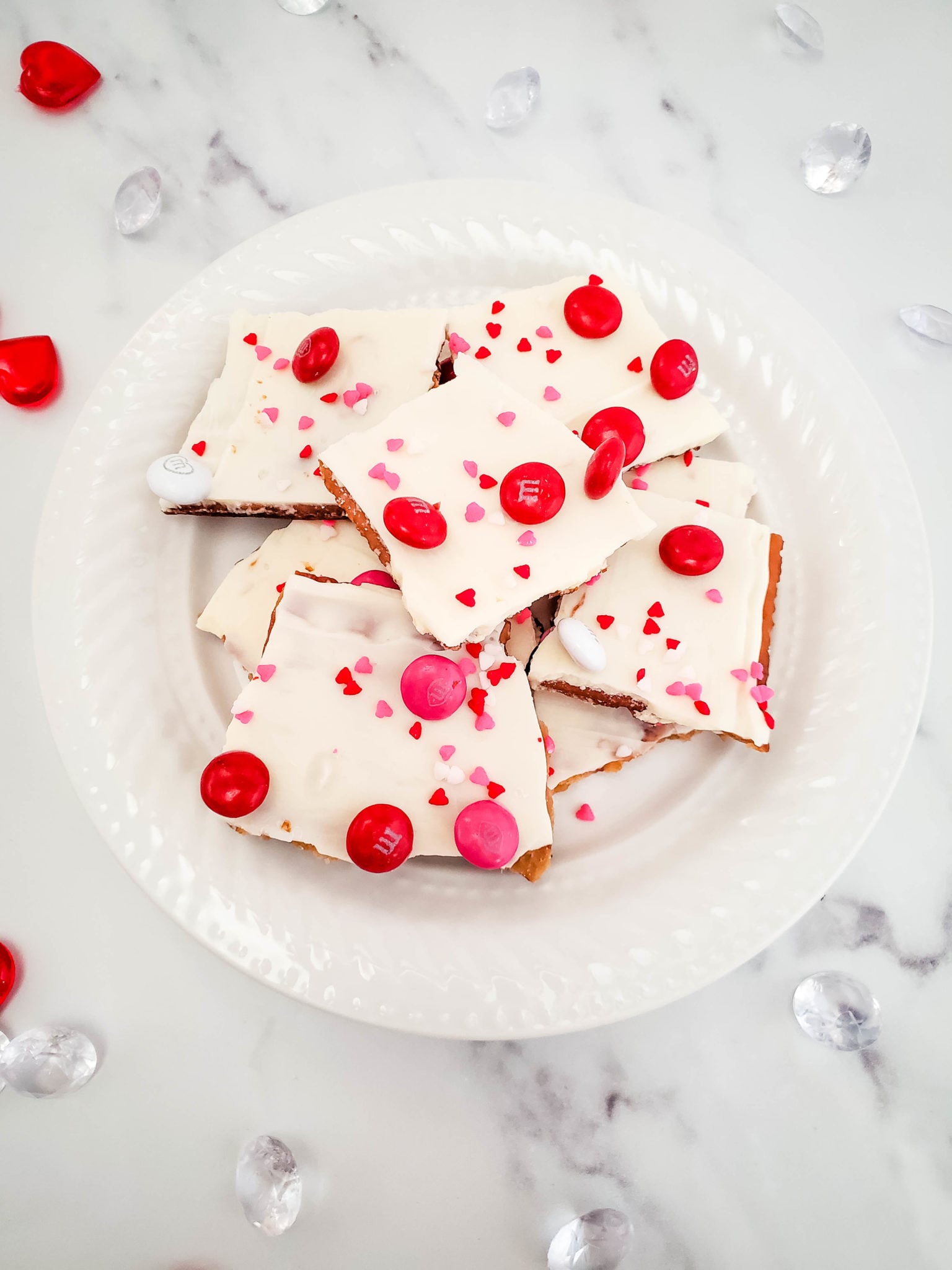 Valentine Chocolate Cracker Bark on a white dish.