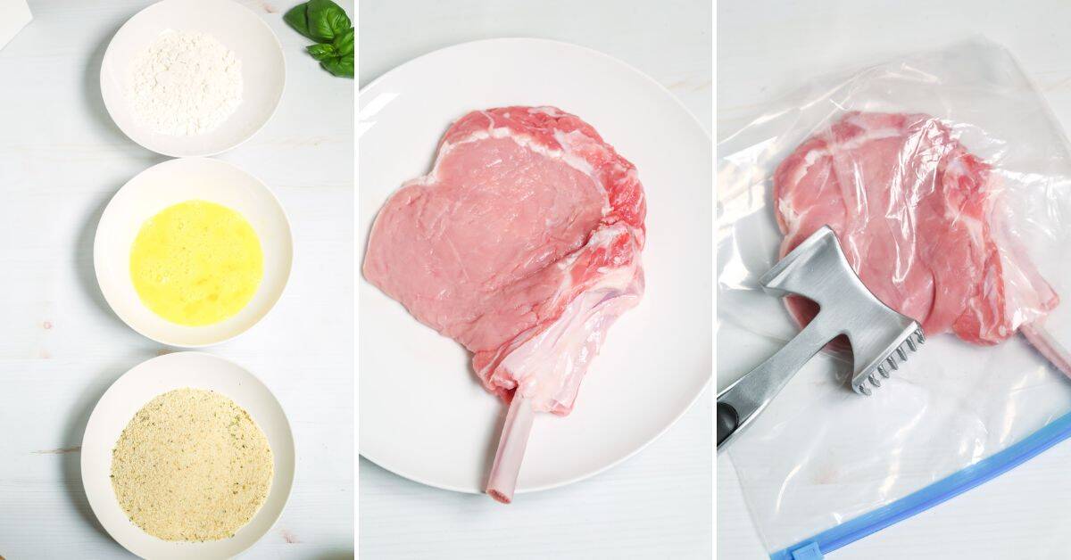 Three steps to prepare a pork chop or classic Veal Parmesan: flour, egg, and breadcrumbs in bowls; a raw pork chop on a plate; and a pork chop in a plastic bag being tenderized with a meat mallet.