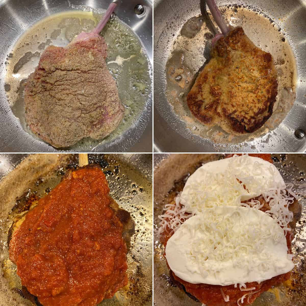 A four-panel image shows a breaded pork chop being pan-fried, topped with tomato sauce, and covered in shredded cheese and sliced mozzarella in a skillet, similar to the classic Veal Parmesan preparation.