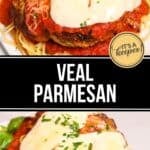 Enjoy classic Veal Parmesan: a plate of tender veal topped with tomato sauce and melted cheese, served over spaghetti and garnished with fresh parsley and basil.