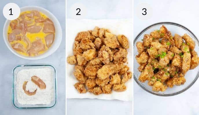 Coating the chicken pieces and breading to cook.