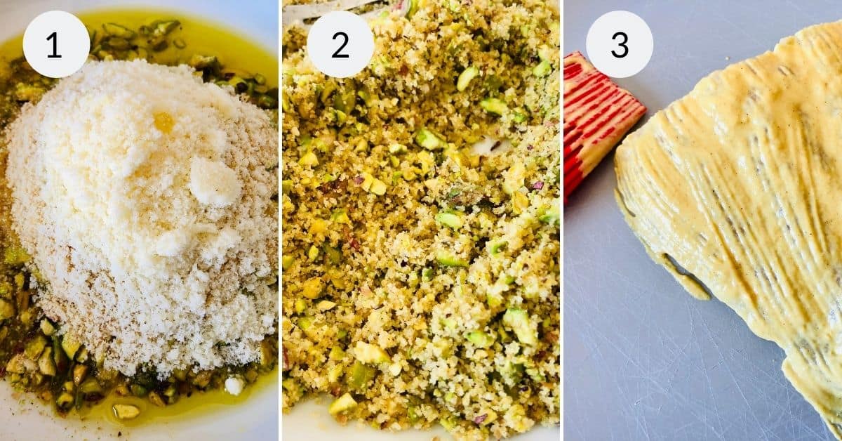 Mixing the topping for the fish and placing it on the fish.