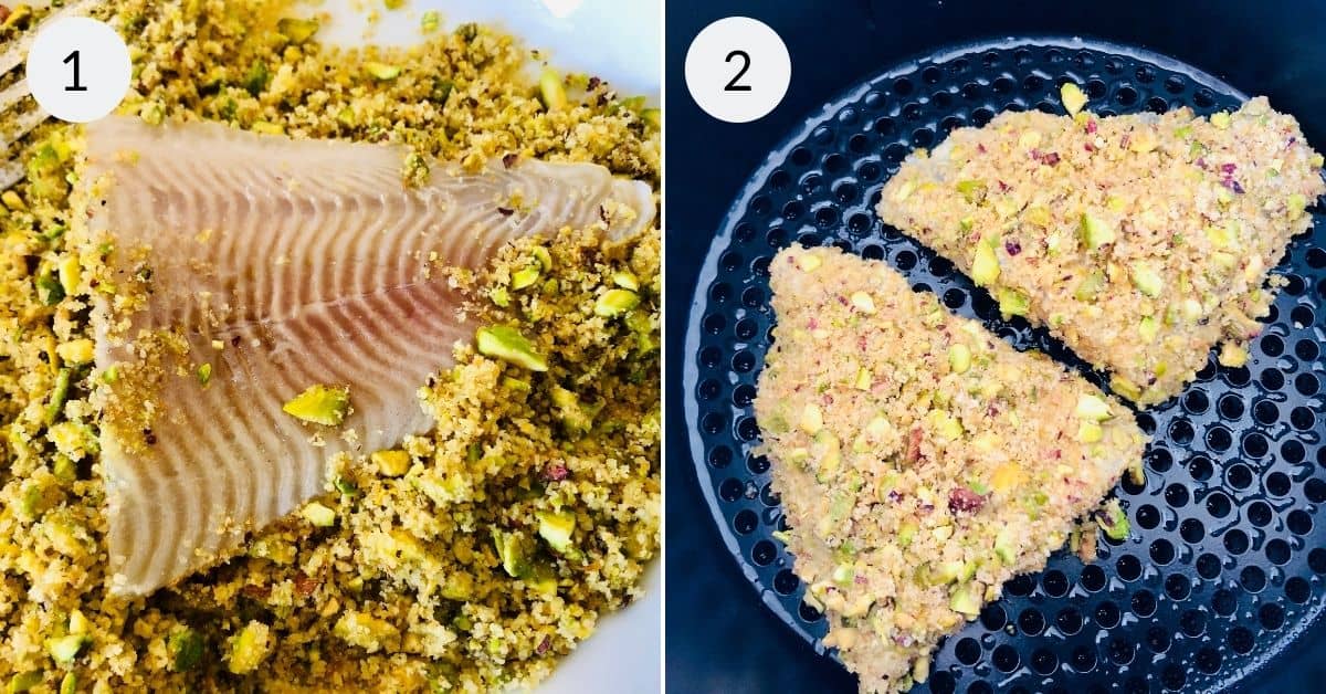 Placing the fish in the air fryer and cooking.
