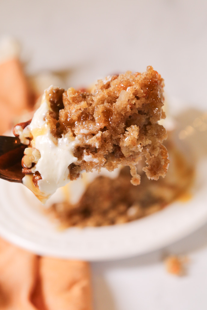 A piece of the carrot cake on the fork.