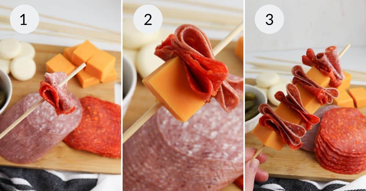 The art of crafting charcuterie skewers with salami and cheddar cheese cubes is beautifully captured in three step-by-step images.
