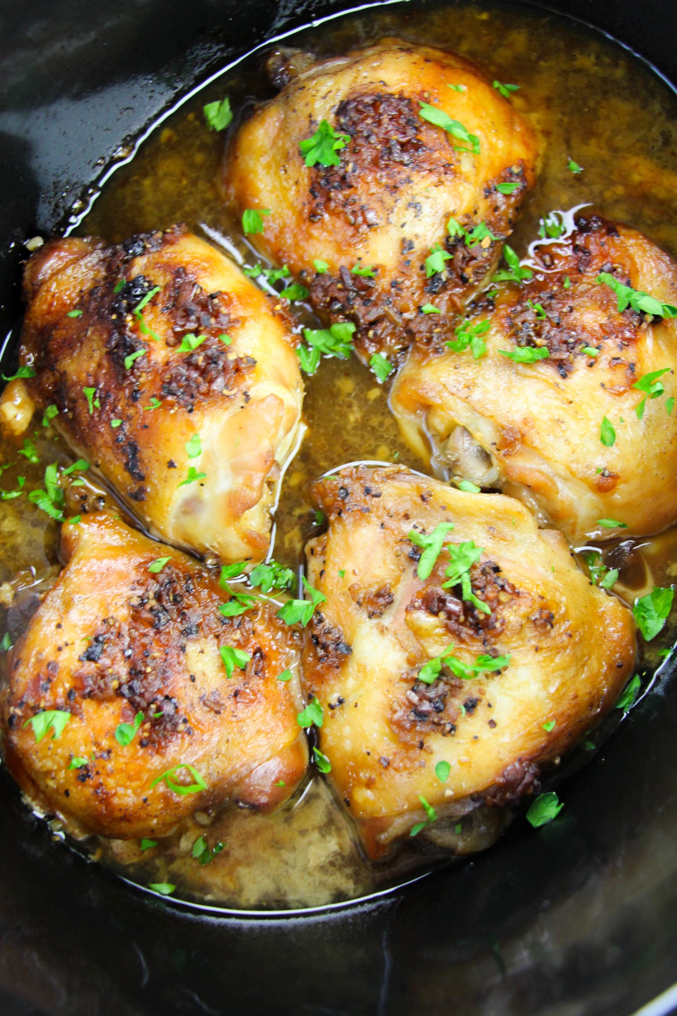 Crock Pot Brown Sugar Garlic Chicken in the corck pot.