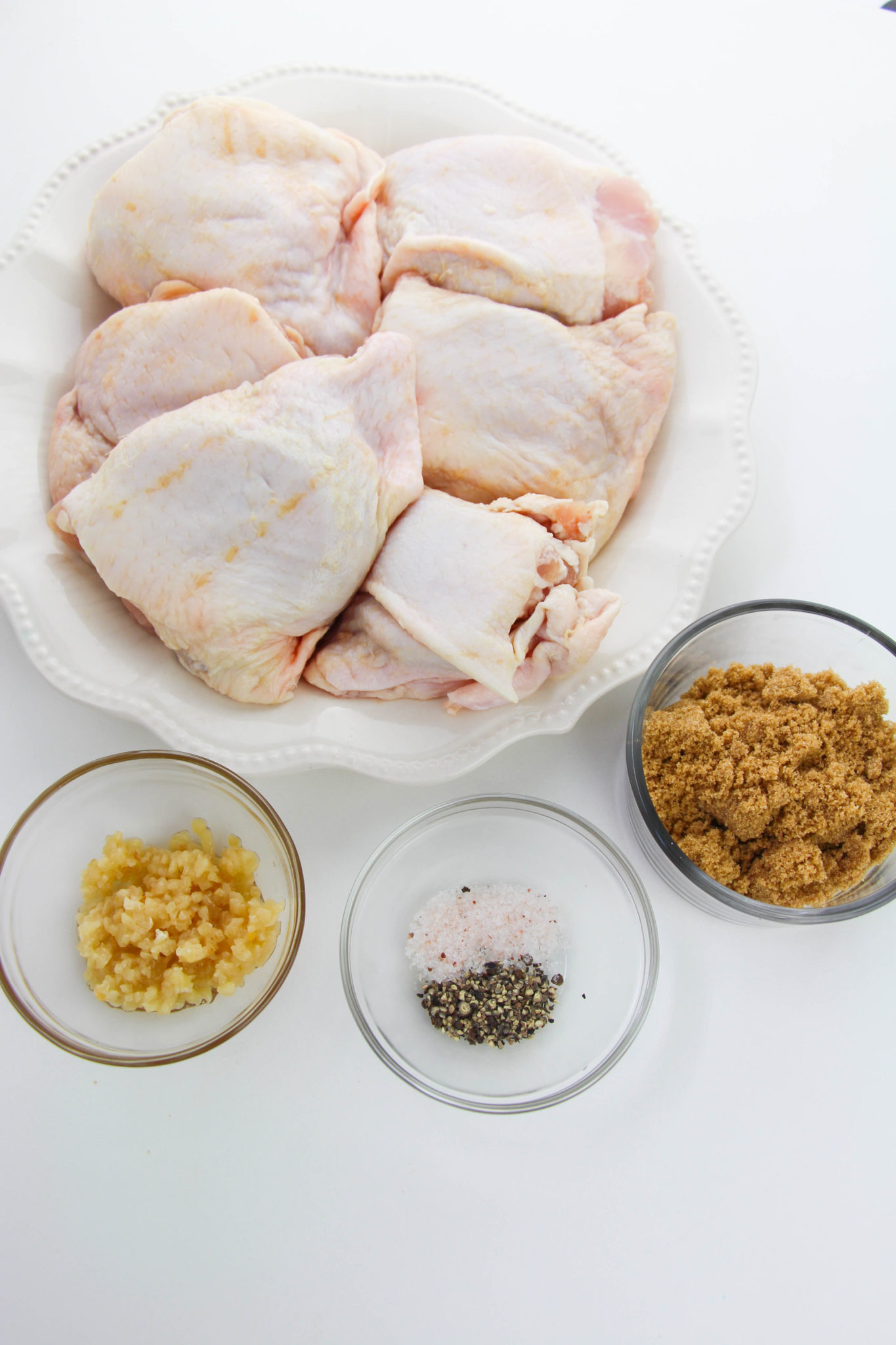 Chicken thights, garlic, brown sugar and spices.