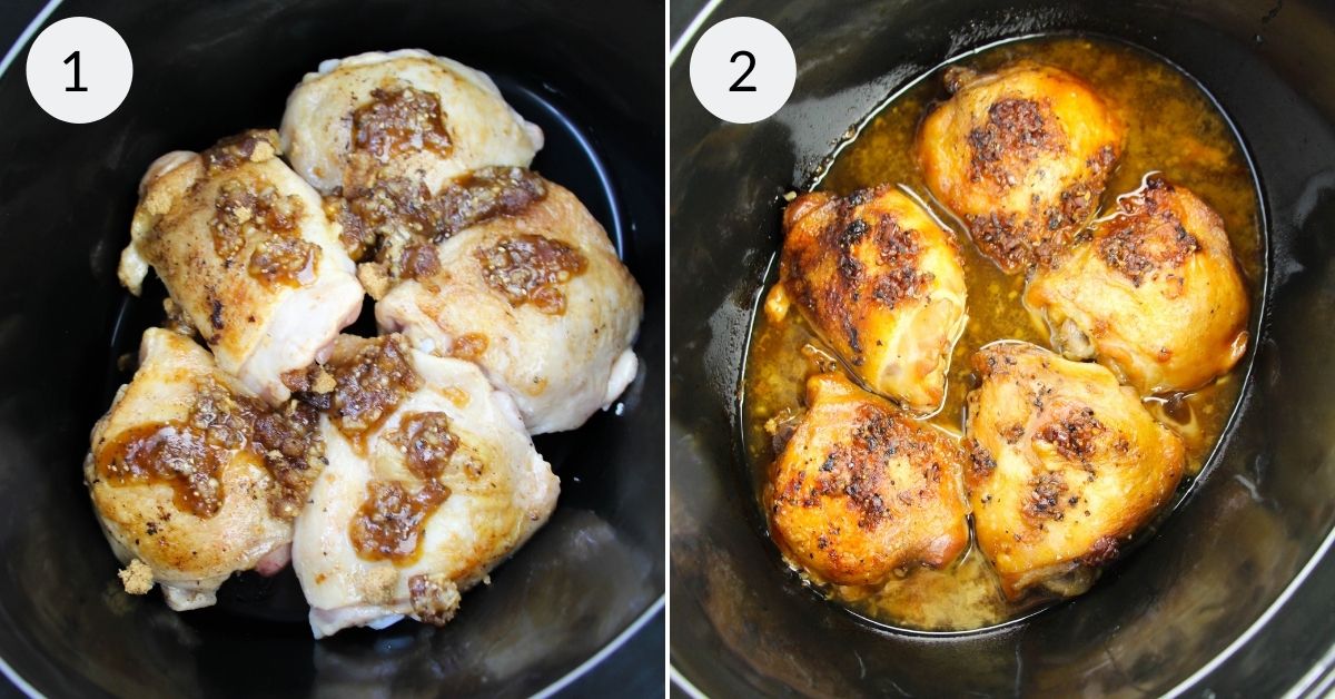 Thighs in the crock pot before and after cooking.