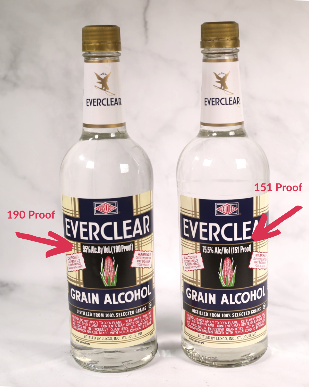 Bottles of Everclear grain alcohol showing the proof.
