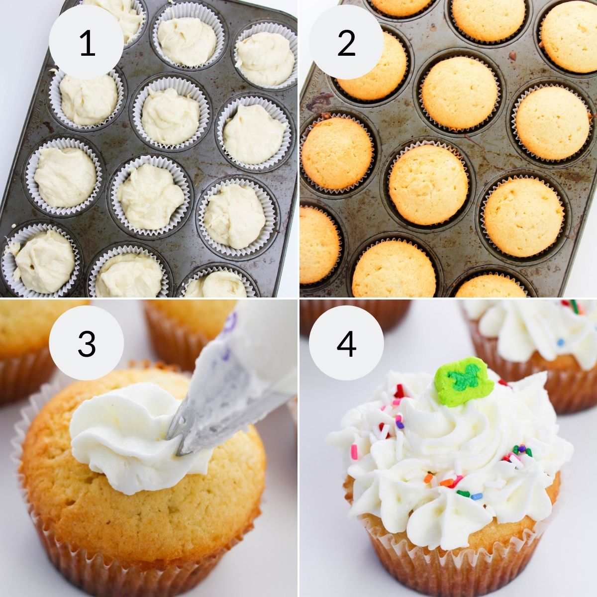 The final cooked cupcakes before and after icing and decorating.