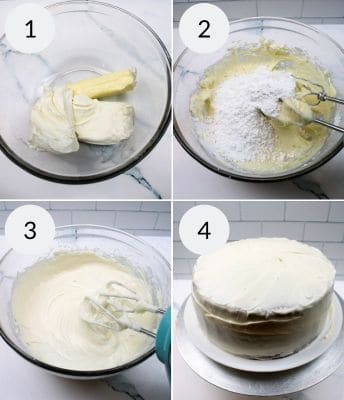 Preparing the frosting and then covering the 3 layers of the cake.