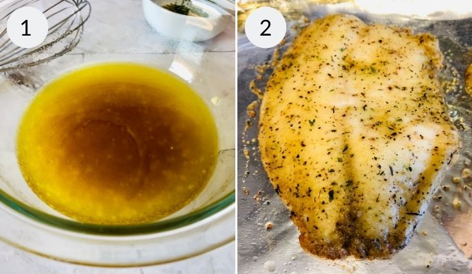 1. a bowl of melted butter with herbs on the side and a whisk.
2. Baked seasoned haddock breast on aluminum foil.