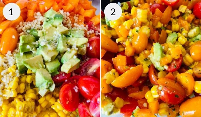 Comparison of two colorful salads, one before mixing and one after being tossed with Baked Haddock.