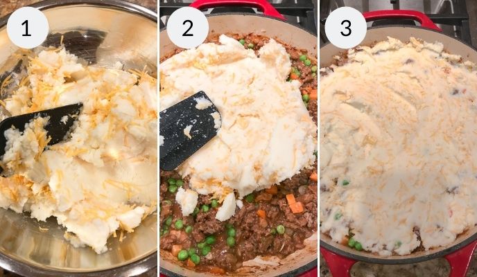Easy Shepherd's Pie Recipe ading the mashed potatoes and cheese and baking.
