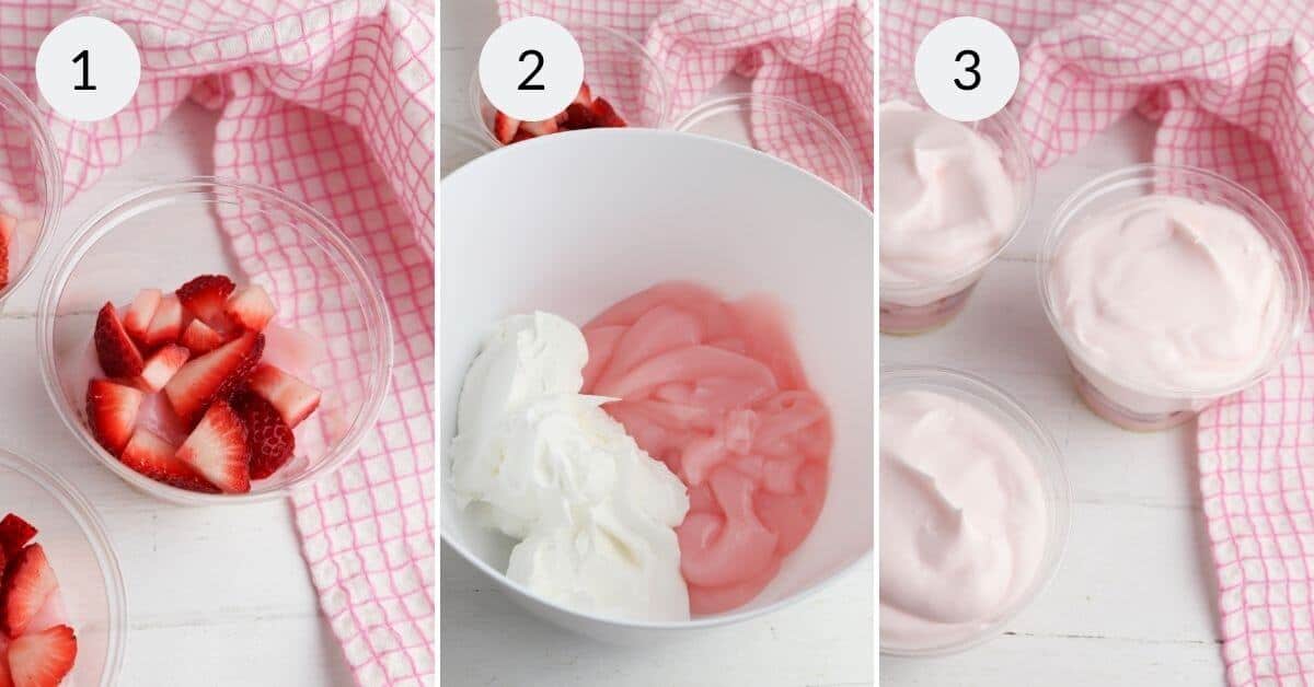 Adding the fresh strawberries and whipped cream to build the parfait.
