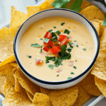 A classic white queso dip served with tortilla chips.