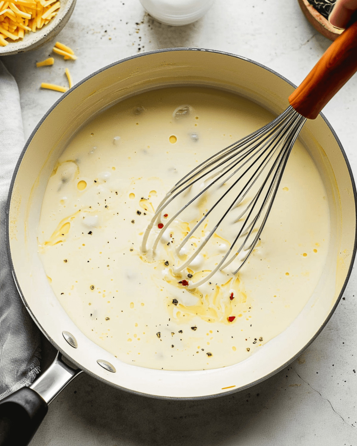 A person is whisking White Queso Dip in a pan.