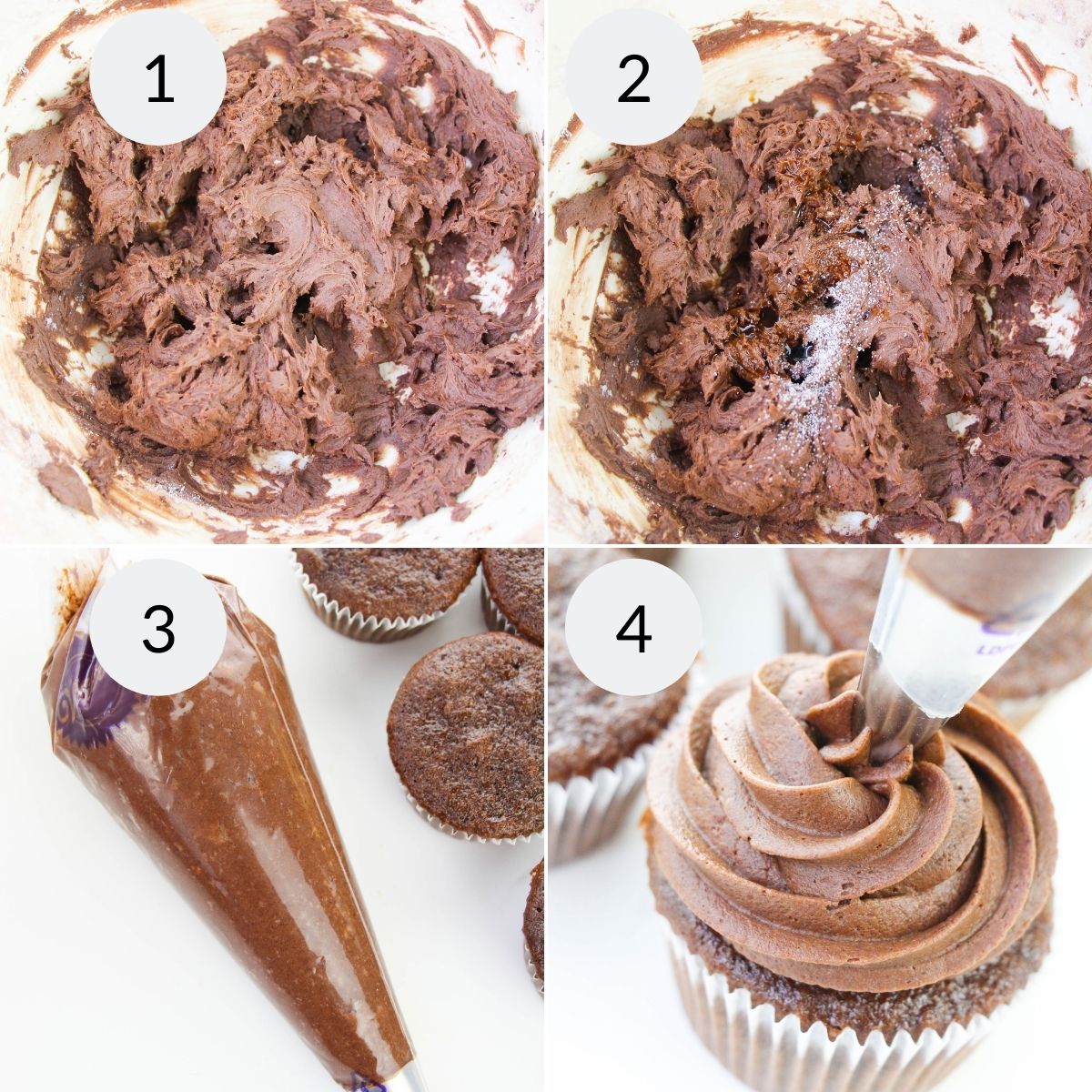 The ingredients being whipped, then put into a piping bag and finally being added to a cupcake.