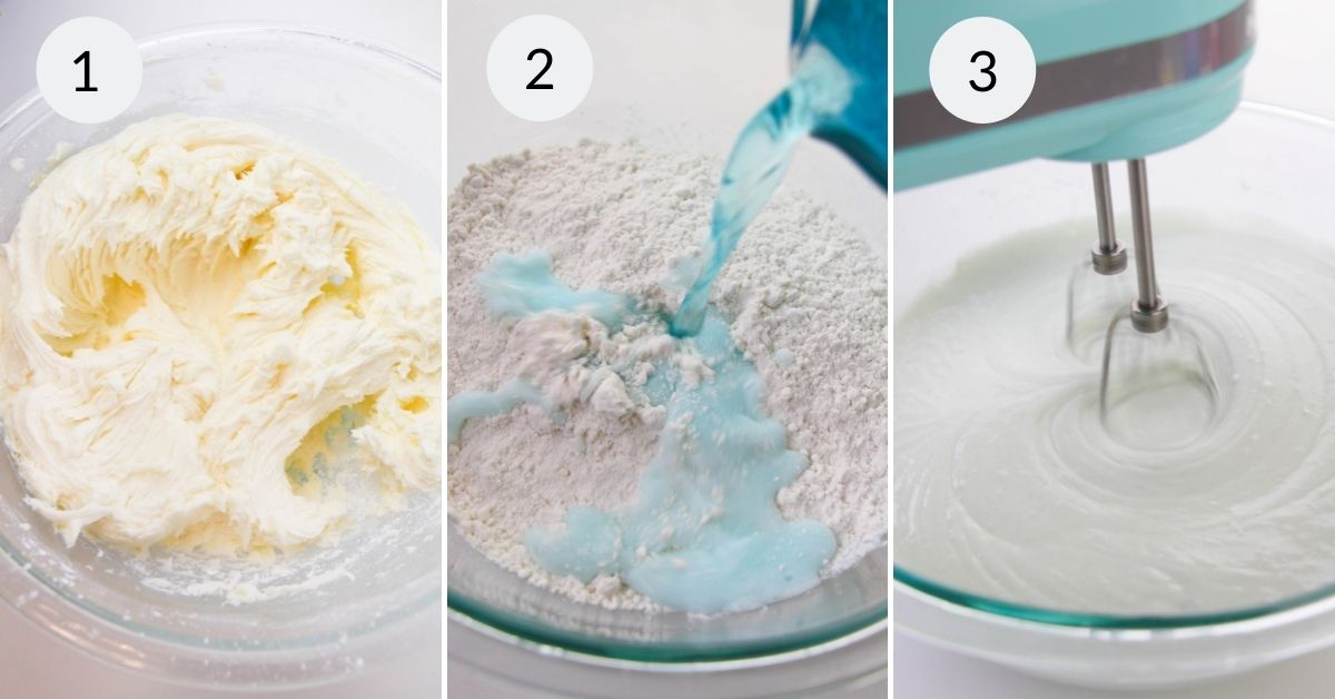 Creaming the butter, mixing the cake and adding the food coloring.