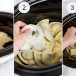 Placing the pierogies, the butter an the onions into the crock pot.