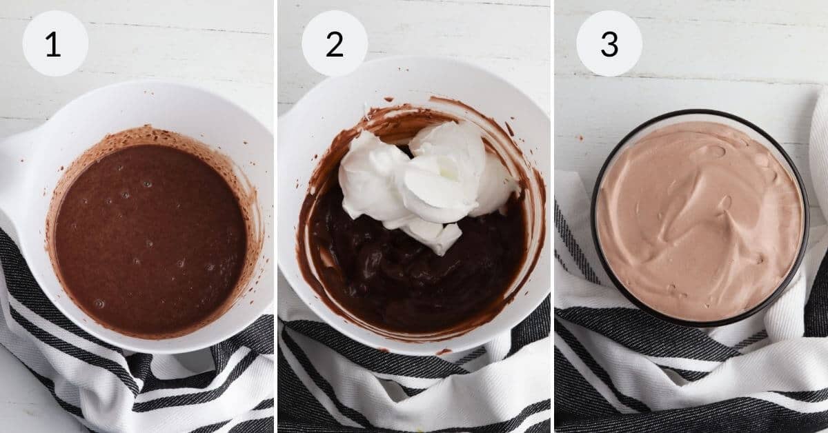 Experience the delight of a three-step process to create the perfect fluffy chocolate dip: Step 1, prepare the rich chocolate mixture; Step 2, gently fold in whipped cream; Step 3, indulge in a bowl of smooth and creamy mousse.
