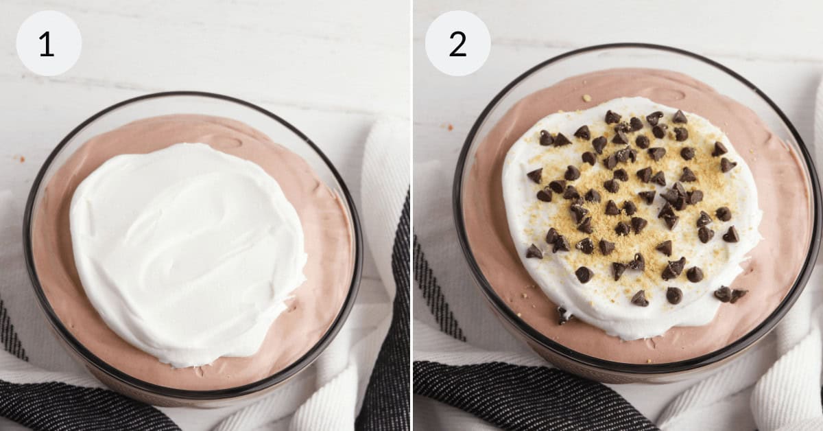 Image showing two bowls of layered dessert. Left: chocolate layer topped with fluffy whipped cream reminiscent of a delightful chocolate dip. Right: same with additional chocolate chips and crumb topping. White surface and striped cloth underneath.