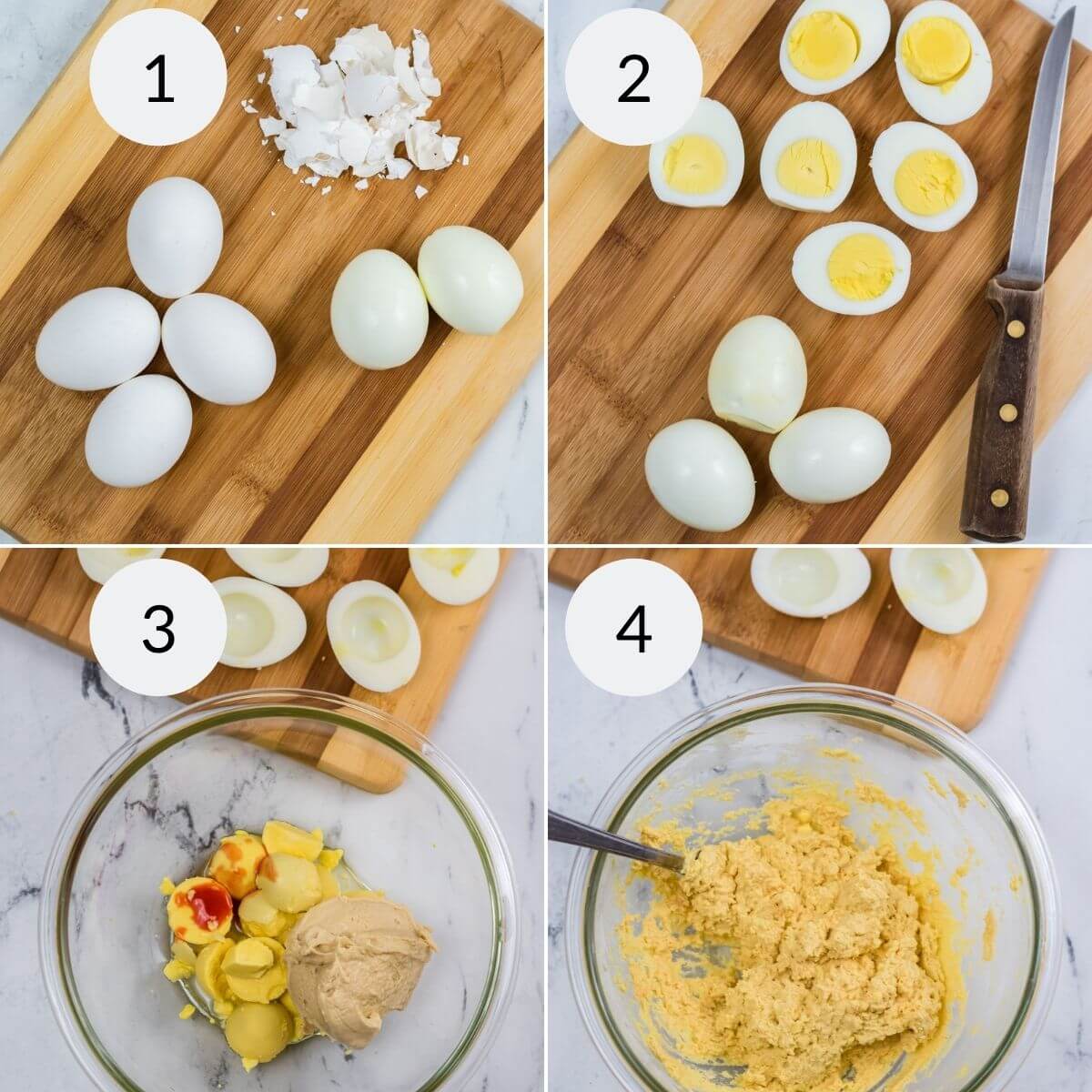 Step-by-step process of making Million Dollar Deviled Eggs: peeling boiled eggs, slicing and removing yolks, mixing yolks with ingredients, and blending into a smooth filling.