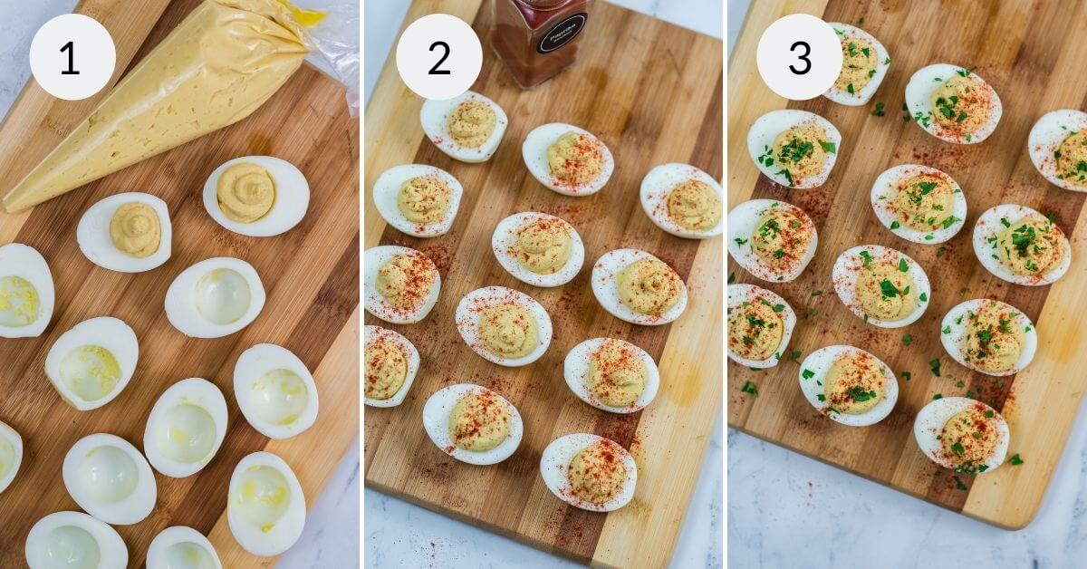Three-step process of making Million Dollar Deviled Eggs: 1) piping bag with yolk mixture next to halved egg whites, 2) adding garnish to filled eggs, 3)